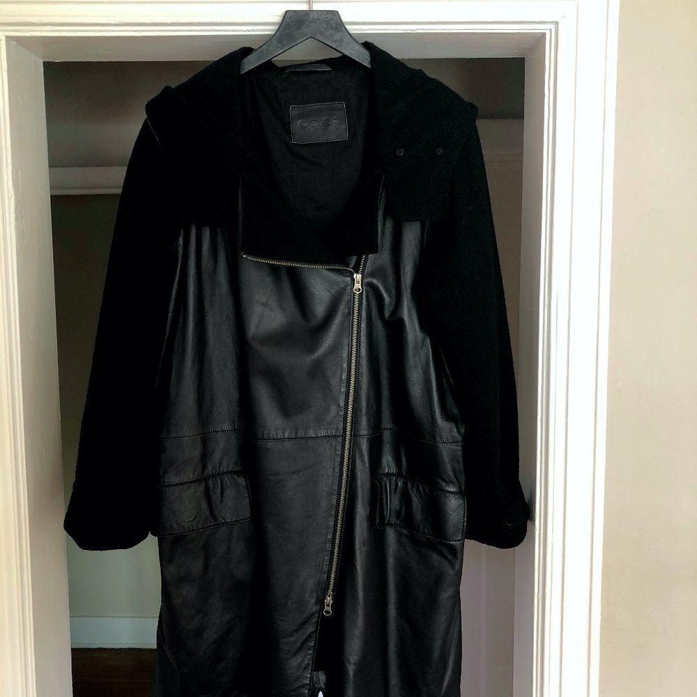 OSKA women's Leather and boiled Wool winter jacket black with Hood